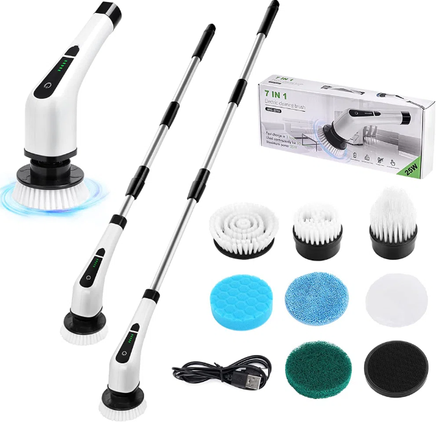 Electric Spin Scrubber, Cordless Shower Scrubber with Extendable Handle & 7 Replaceable Brush Heads